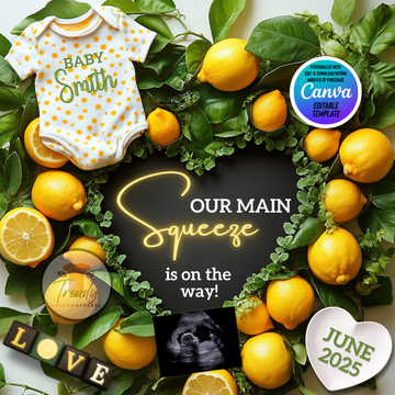 Digital Lemons Pregnancy Announcement, Our Main Squeeze is on the way, Customizable Fruit Themed, Personalized Editable Template