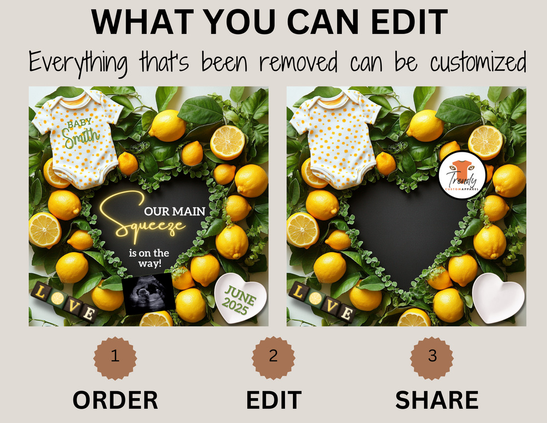 Digital Lemons Pregnancy Announcement, Our Main Squeeze is on the way, Customizable Fruit Themed, Personalized Editable Template