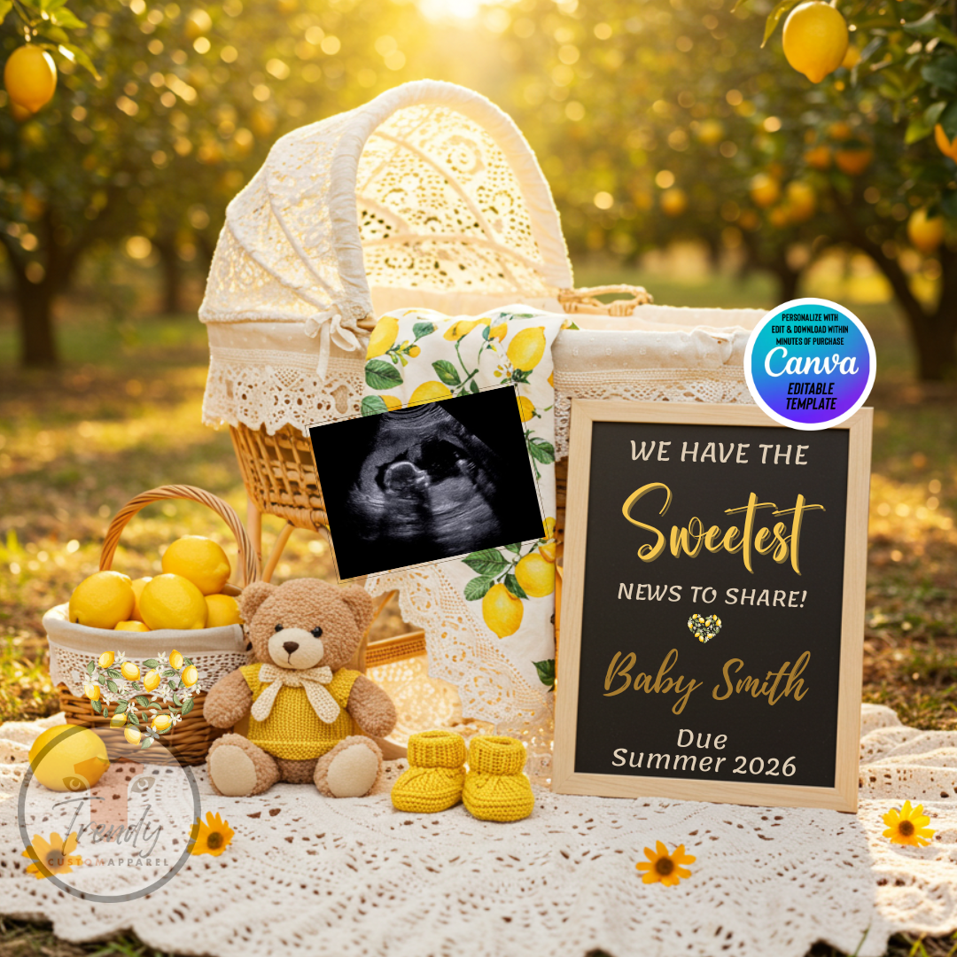 Baby shower setup with a crib, teddy bear, ultrasound photo, and sign in a lemon orchard.