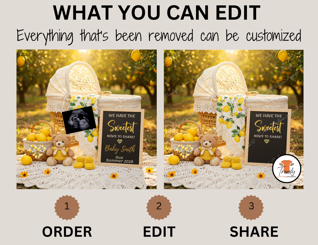 Baby shower setup with a crib, teddy bear, ultrasound photo, and sign in a lemon orchard.