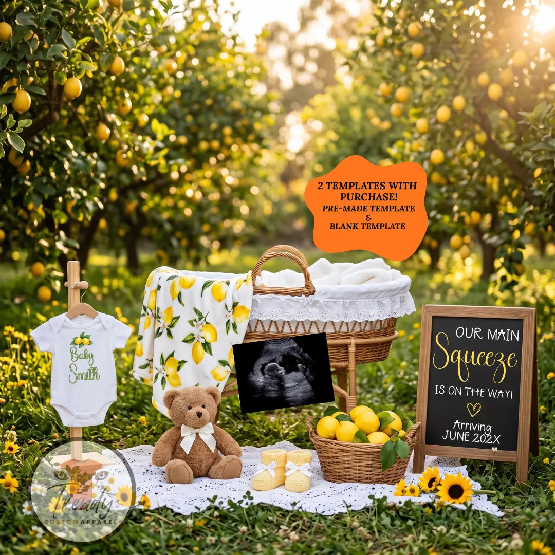Spring Digital Pregnancy Announcement, Our Main Squeeze is on the way, Customizable Lemon Themed, Editable Details Template TrendyCustomApparel™