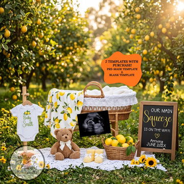 Spring Digital Pregnancy Announcement, Our Main Squeeze is on the way, Customizable Lemon Themed, Editable Details Template TrendyCustomApparel™
