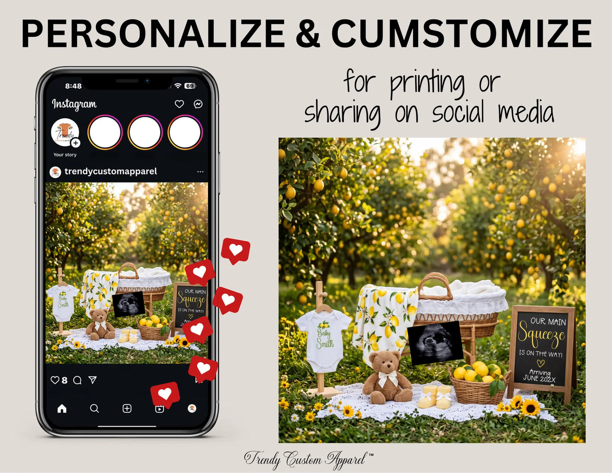 Spring Digital Pregnancy Announcement, Our Main Squeeze is on the way, Customizable Lemon Themed, Editable Details Template TrendyCustomApparel™