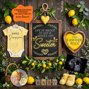 Lemons Fruit Baby Reveal Digital Editable Template, Gender Neutral Canva Instant Download