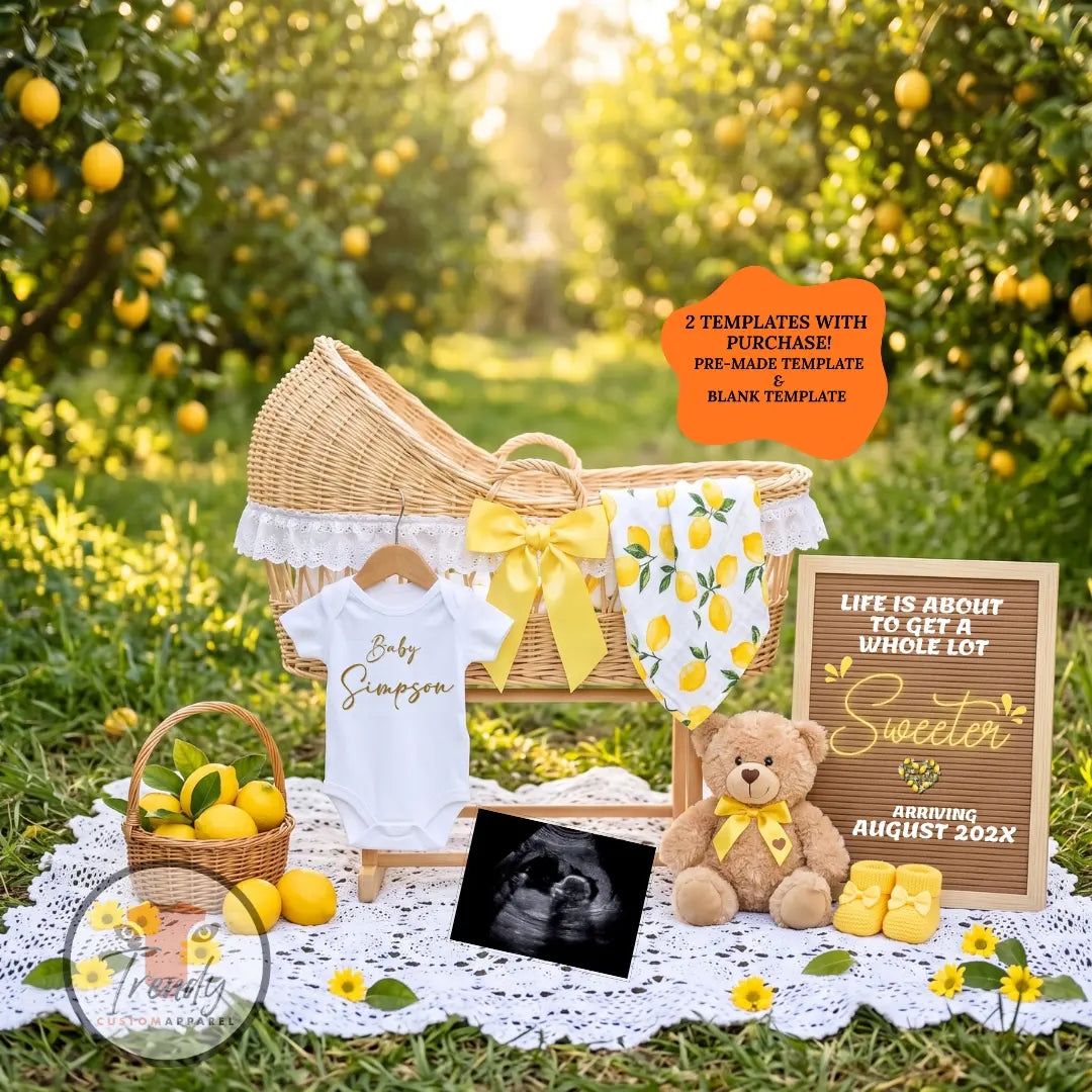 Life is About to Get a Whole Lot Sweeter – Lemon Pregnancy Announcement Template, Editable Canva Digital Download TrendyCustomApparel™