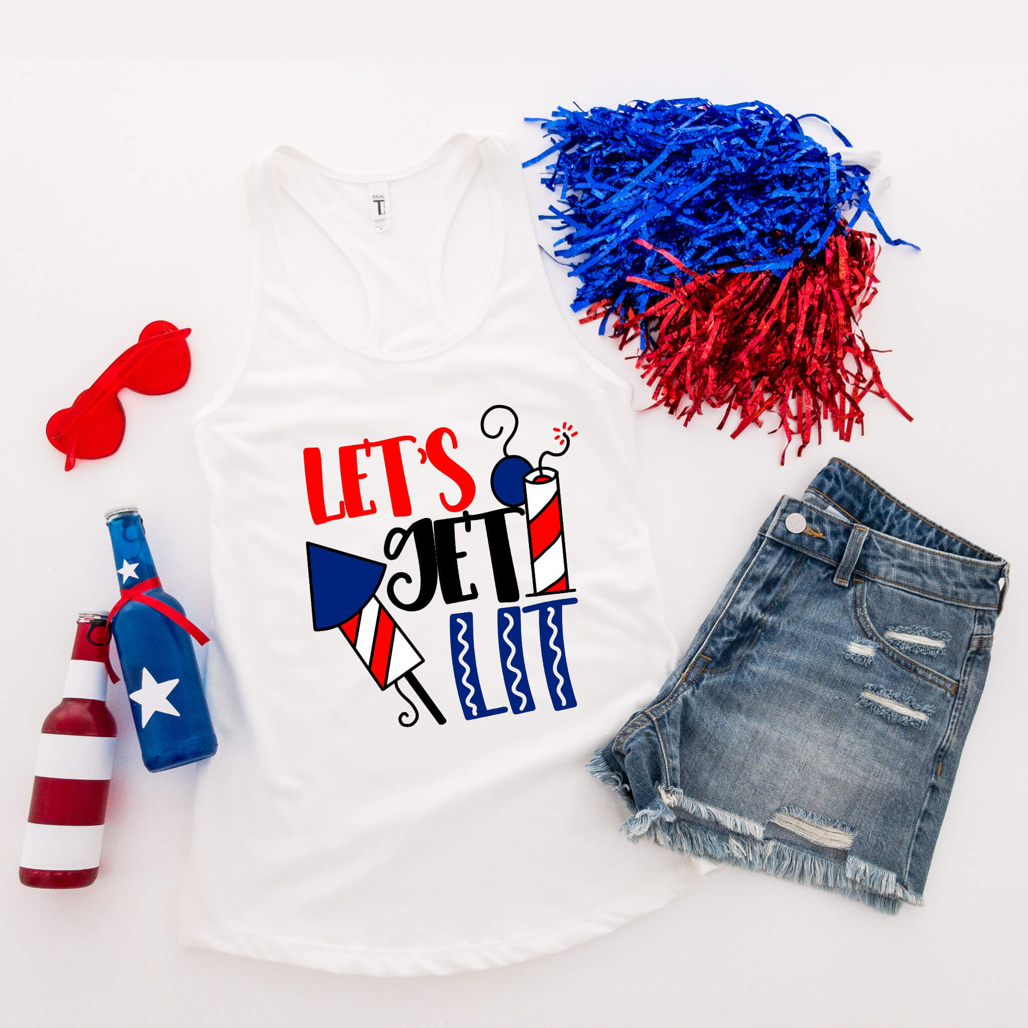 Camiseta del 4 de julio, Let's Get Lit, tanque azul blanco rojo, camiseta patriótica, camiseta sin mangas para mujer, damas, ropa personalizada, camiseta del Día de la Independencia, tanque del Día de los Caídos