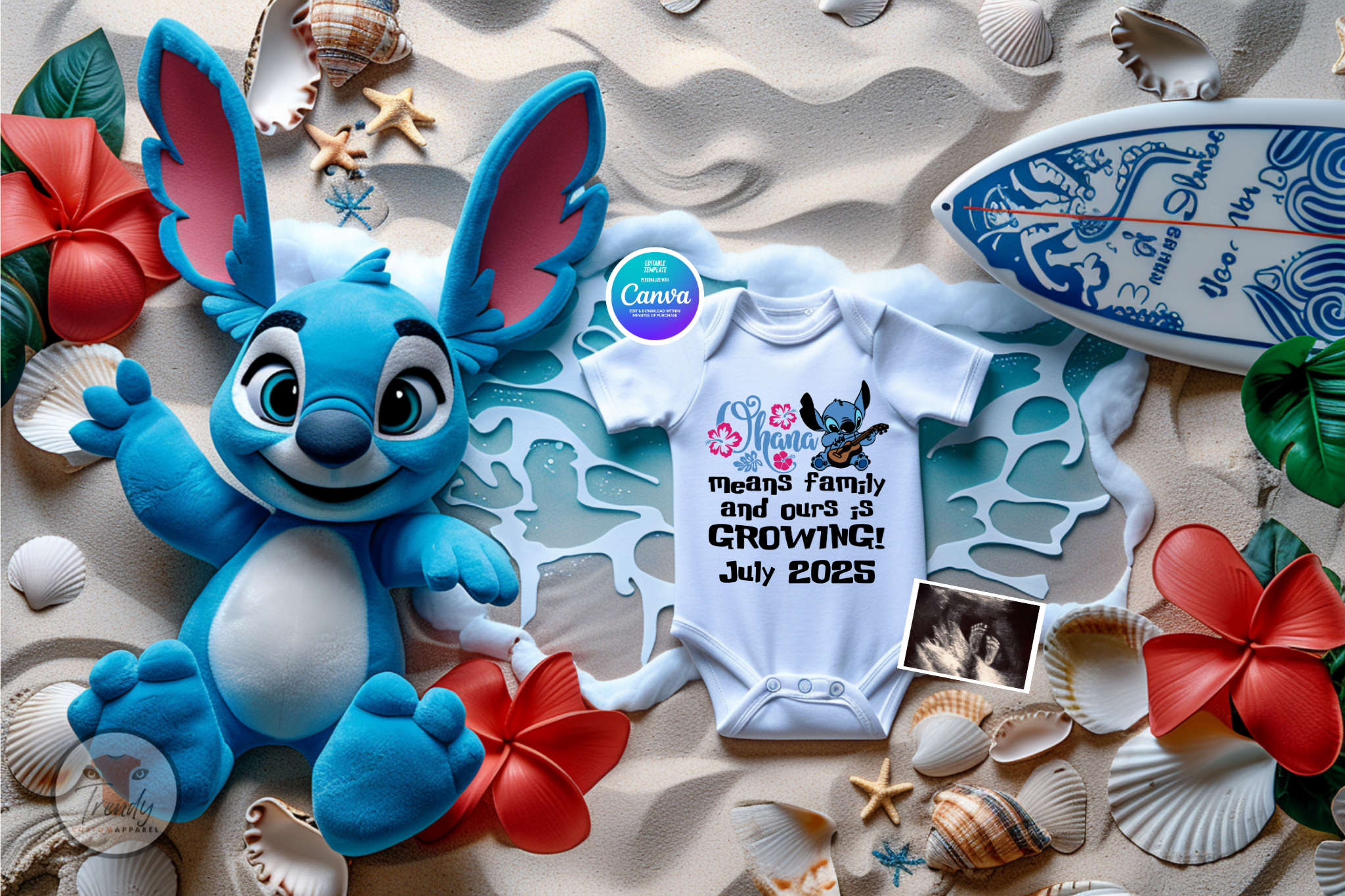 Digital Pregnancy Announcement, Ohana Means Family & Ours is Growing, Customizable Lilo & Stitch Themed, Personalized Editable Template