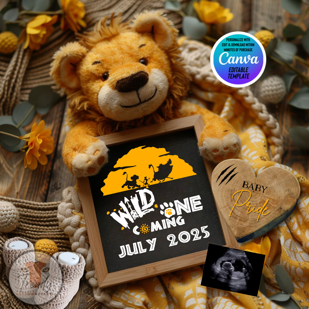 Digital Pregnancy Announcement, Wild One Coming, Customizable Disney Lion King Themed, Personalized Editable Template