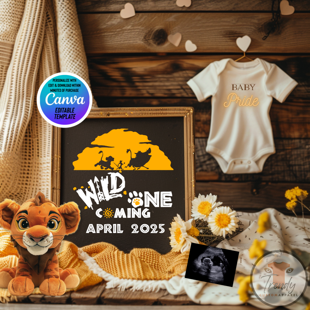 Digital Pregnancy Announcement, Wild One Coming, Customizable Disney Simba Lion King Themed, Personalized Editable Template