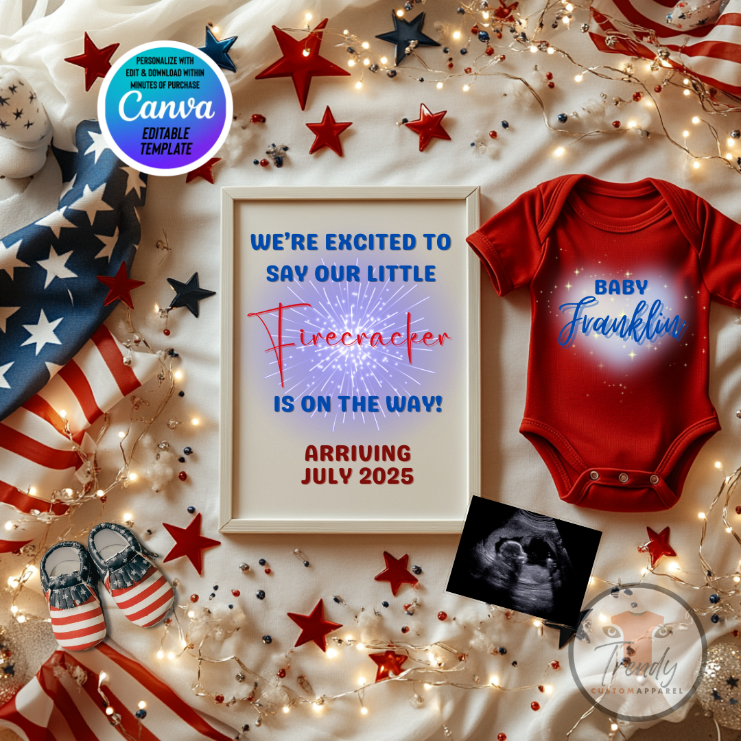 Digital Fireworks Pregnancy Announcement, Little Firecracker Coming, Customizable Independence Day Themed, Personalized Editable Template