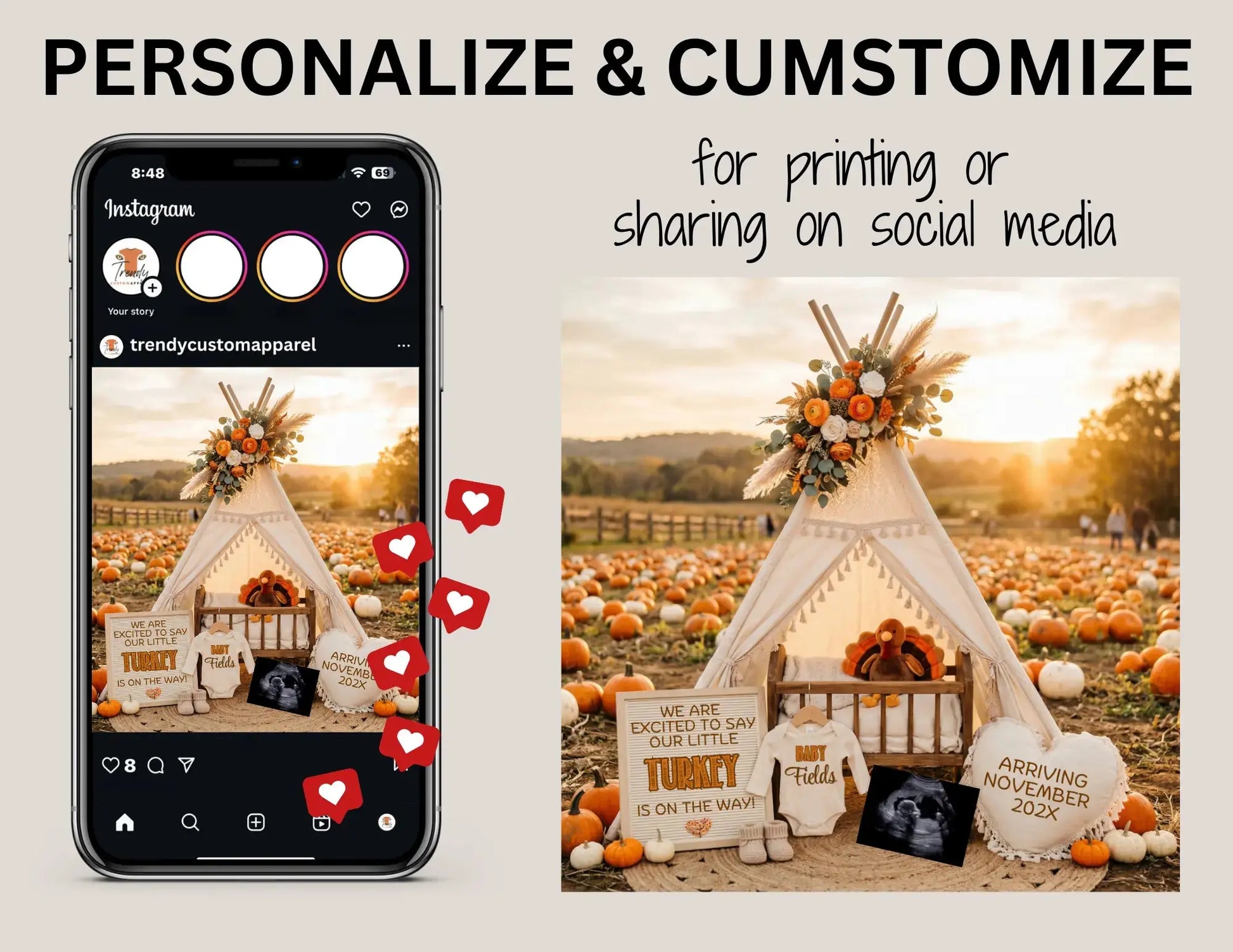 Adding A Little Turkey, Fall Turkey Digital Pregnancy Announcement, Boho Themed, Instant Download Template TrendyCustomApparel™
