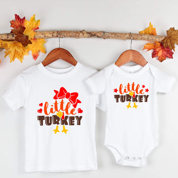 Fall Little Turkey Thanksgiving Boys or Girls Graphic Print T-Shirt