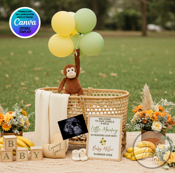 Digital Pregnancy Announcement, Little Monkey, Instant Download Baby Reveal, Personalized Canva Editable Template