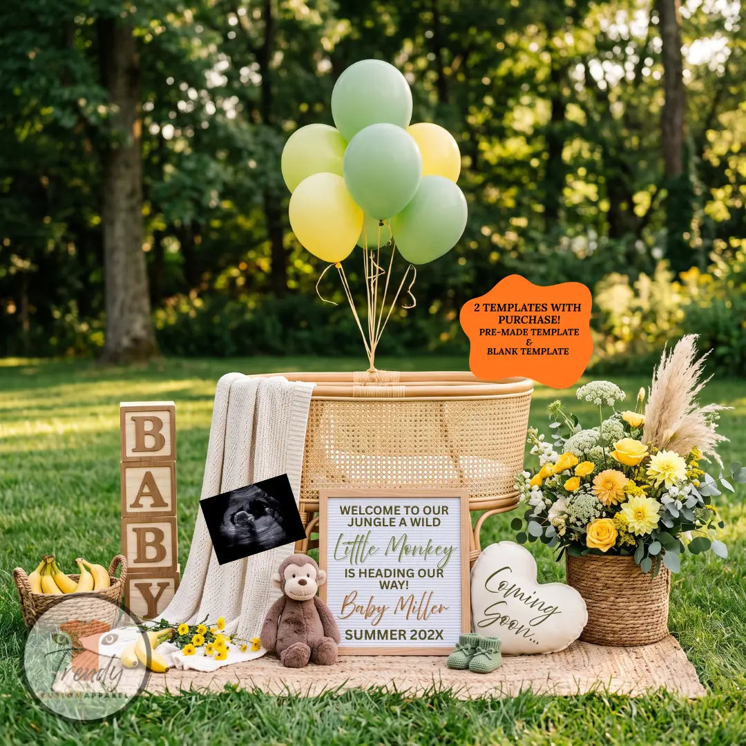 Jungle Monkey Baby Reveal Digital Editable Template, Gender Neutral Canva Fully Editable Template TrendyCustomApparel™