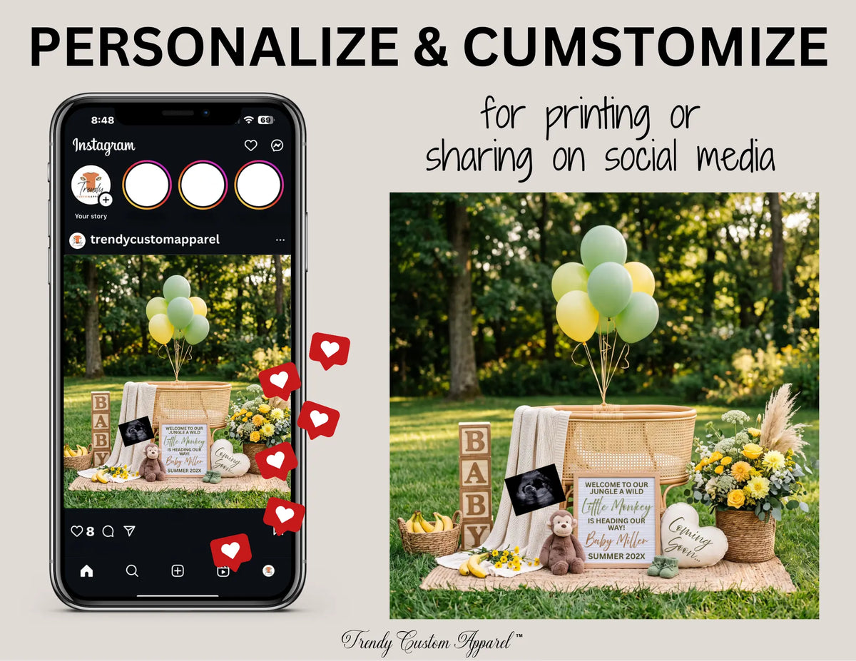 Jungle Monkey Baby Reveal Digital Editable Template, Gender Neutral Canva Fully Editable Template TrendyCustomApparel™