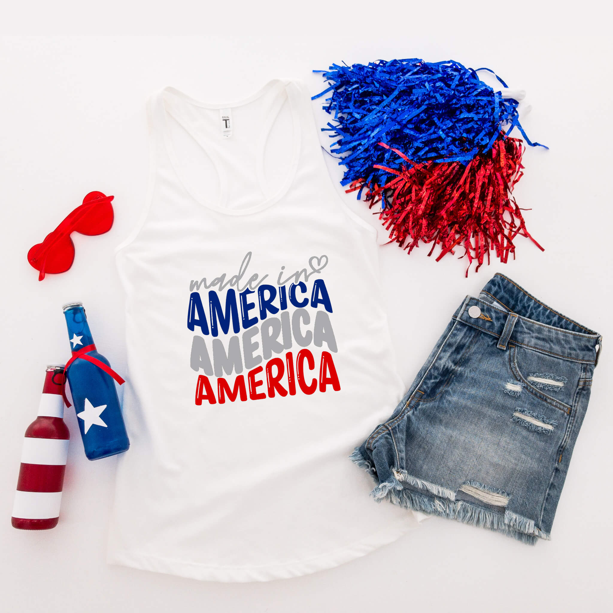 Camiseta del 4 de julio, Made In America, tanque azul blanco rojo, camiseta patriótica, camiseta sin mangas para mujer, damas, ropa personalizada, camiseta del Día de la Independencia, tanque del Día de los Caídos