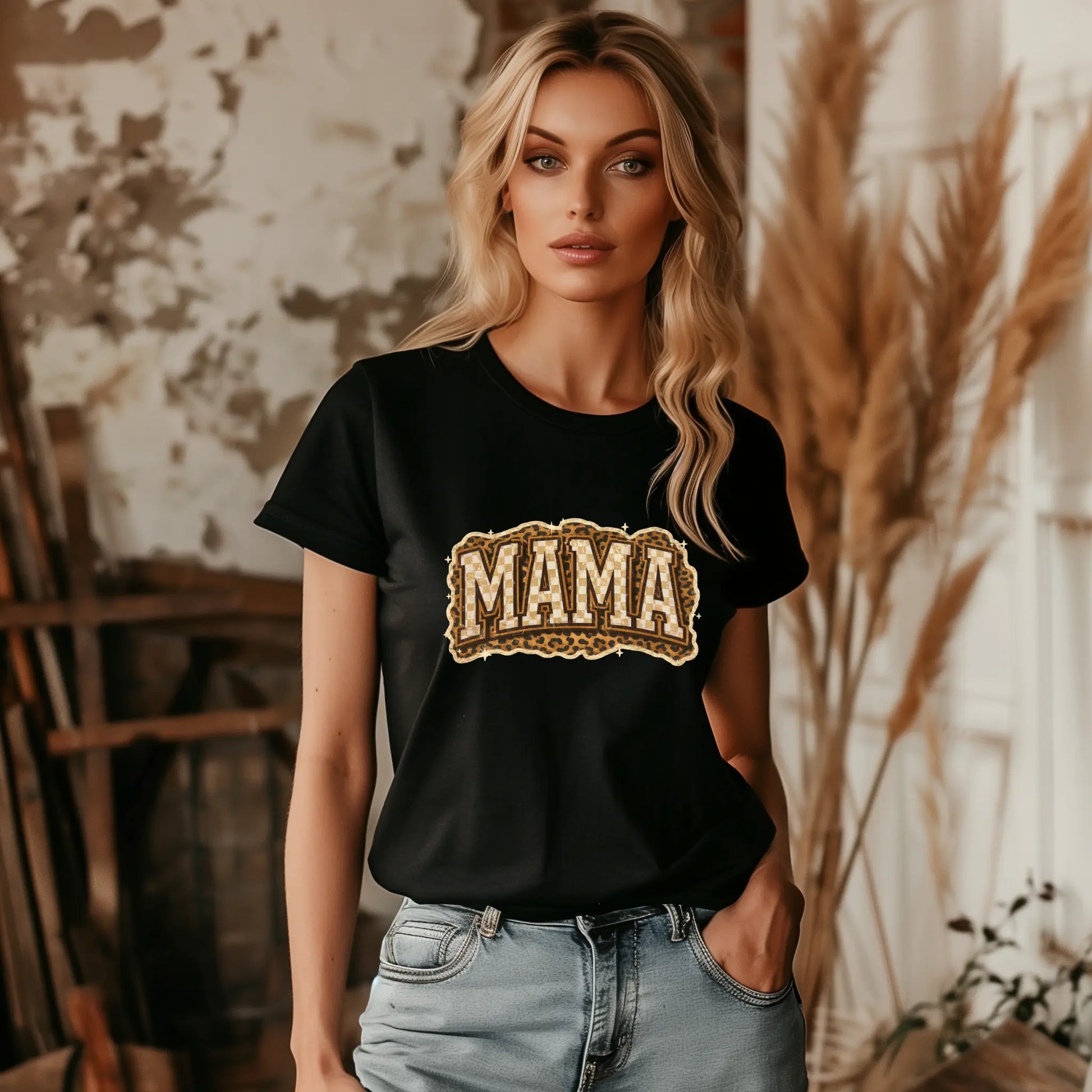 Mama Leopard, Rustic Mom, Mother's Day Gift, Women's Leopard Print Shirt, Trendy Checkered Sublimation, Retro Text Design - TrendyCustomApparel™