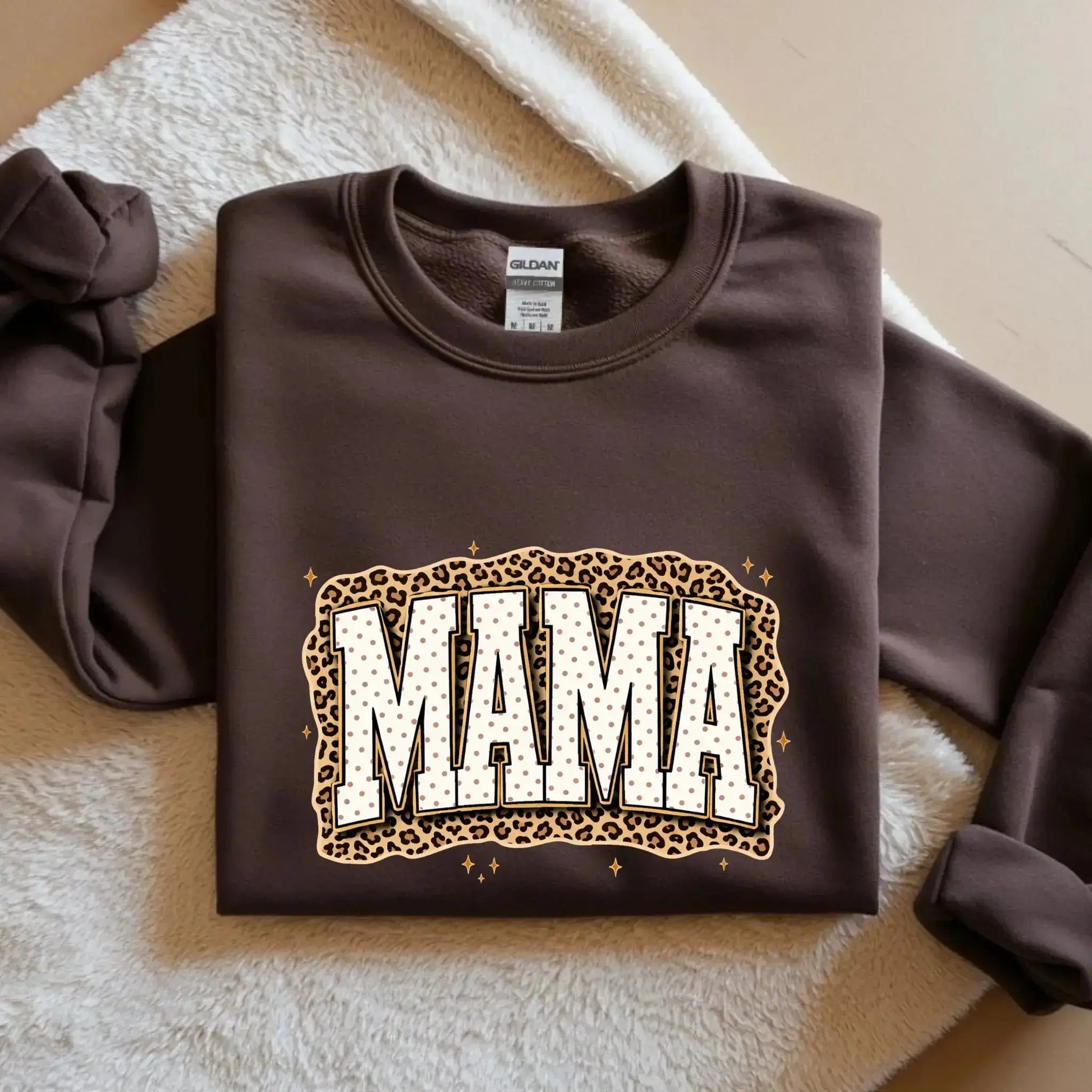 Mama Leopard, Rustic Mom, Retro Text Design, Mother's Day Gift, Women's Leopard Print Brown Sweatshirt, Trendy Sublimation - TrendyCustomApparel™