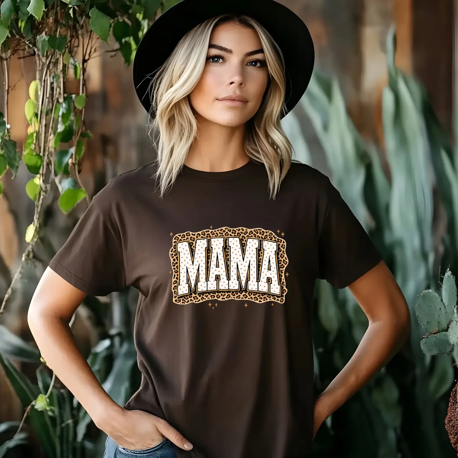 Mama Leopard, Rustic Mom, Retro Text Design, Mother's Day Gift, Women's Leopard Print Brown T-Shirt, Trendy Sublimation - TrendyCustomApparel™