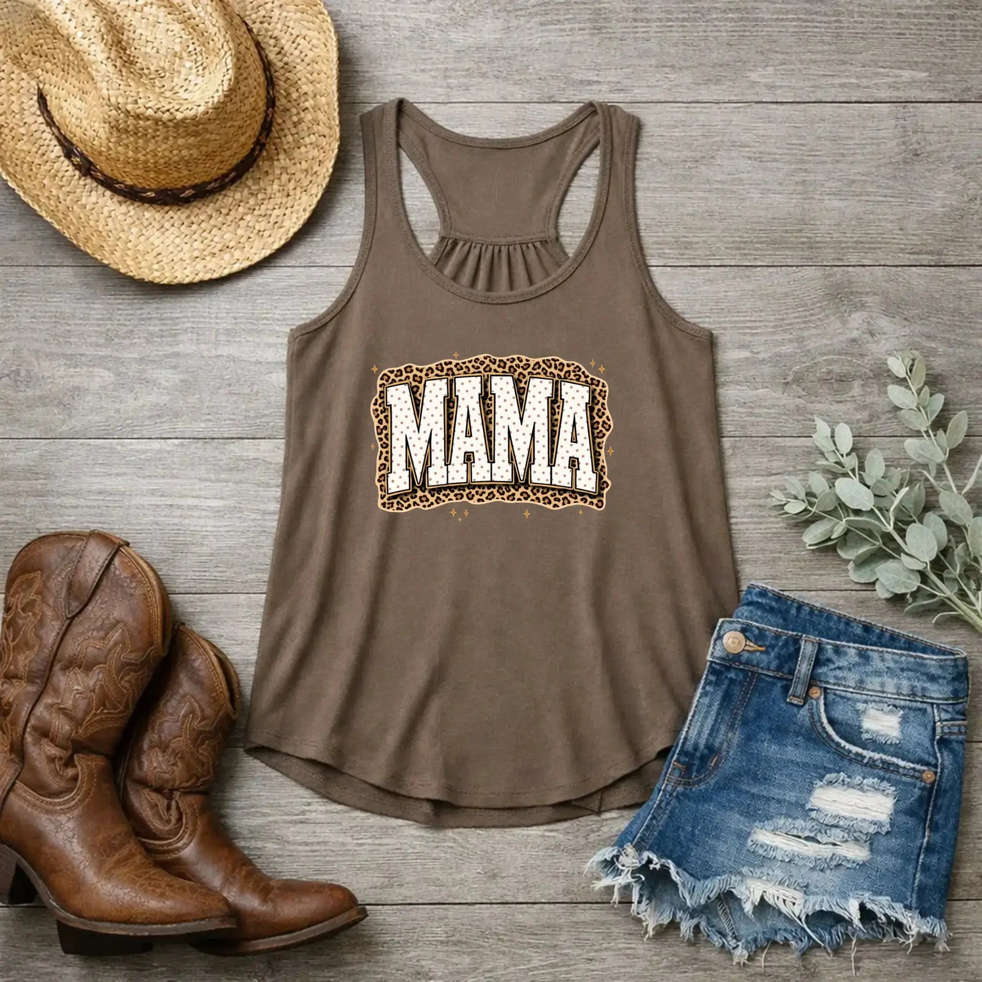 Mama Leopard, Rustic Mom, Retro Text Design, Mother's Day Gift, Women's Leopard Print Brown Tank Top, Trendy Sublimation - TrendyCustomApparel™