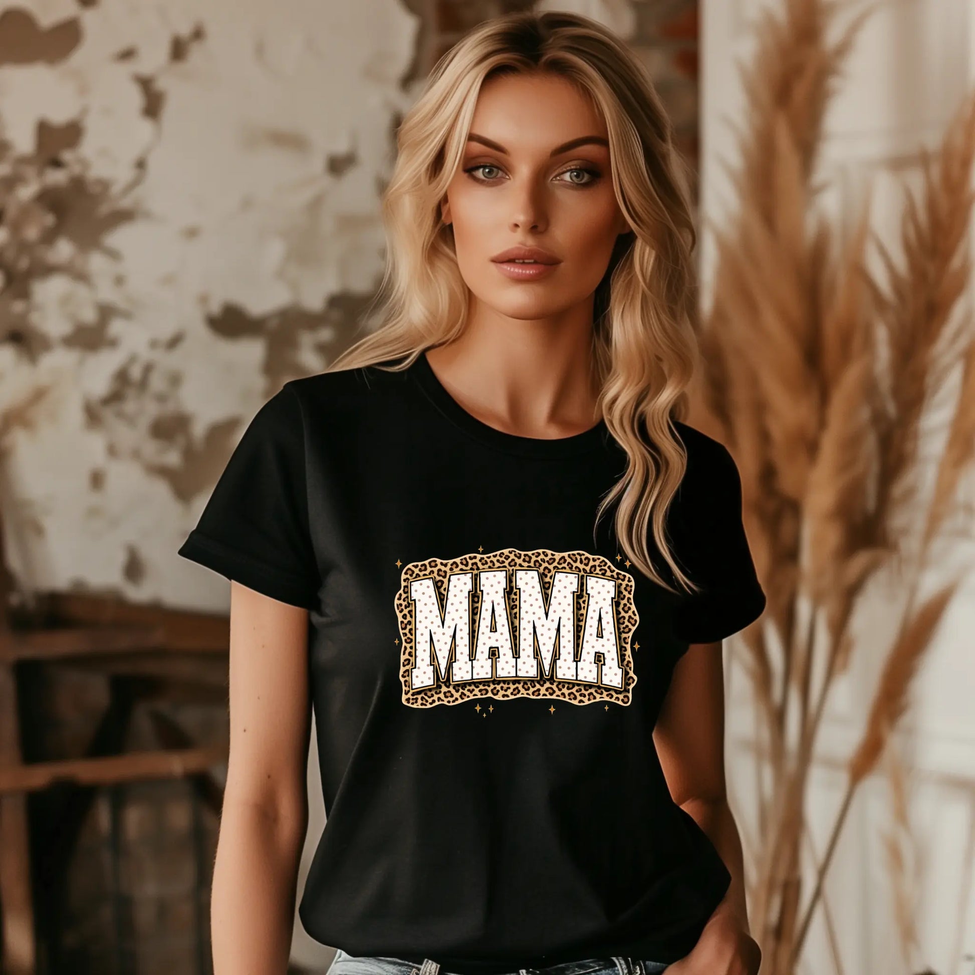 Mama Leopard, Rustic Mom, Retro Text Design, Mother's Day Gift, Women's Leopard Print Black T-Shirt, Trendy Sublimation - TrendyCustomApparel™