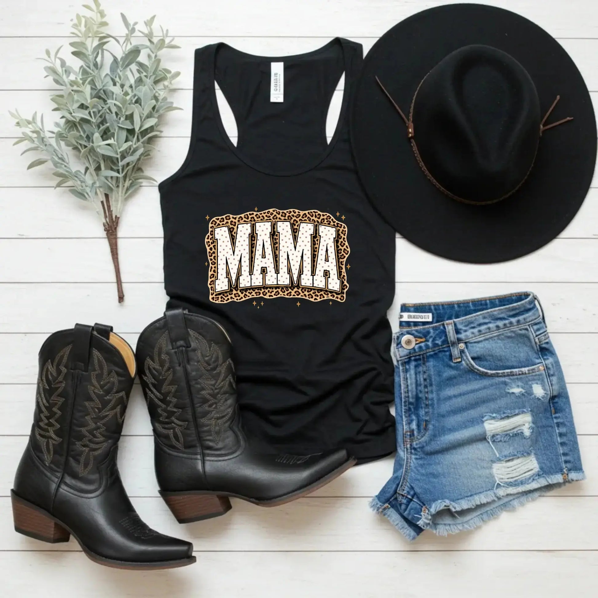 Mama Leopard, Rustic Mom, Retro Text Design, Mother's Day Gift, Women's Leopard Print Black Tank Top, Trendy Sublimation - TrendyCustomApparel™