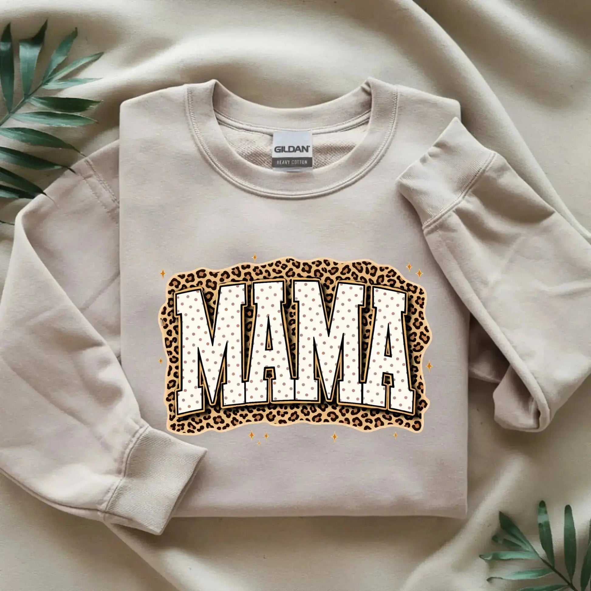 Mama Leopard, Rustic Mom, Retro Text Design, Mother's Day Gift, Women's Leopard Print Sand Sweatshirt, Trendy Sublimation - TrendyCustomApparel™