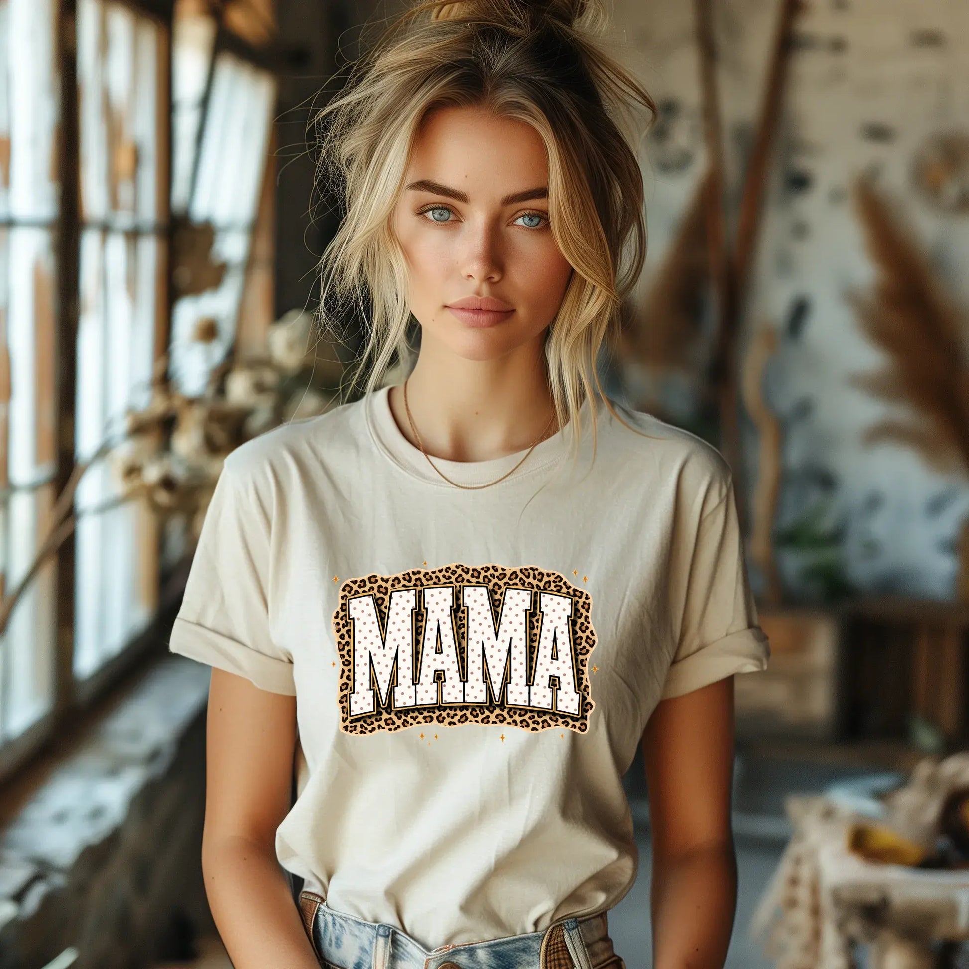 Mama Leopard, Rustic Mom, Retro Text Design, Mother's Day Gift, Women's Leopard Print Cream T-Shirt, Trendy Sublimation - TrendyCustomApparel™