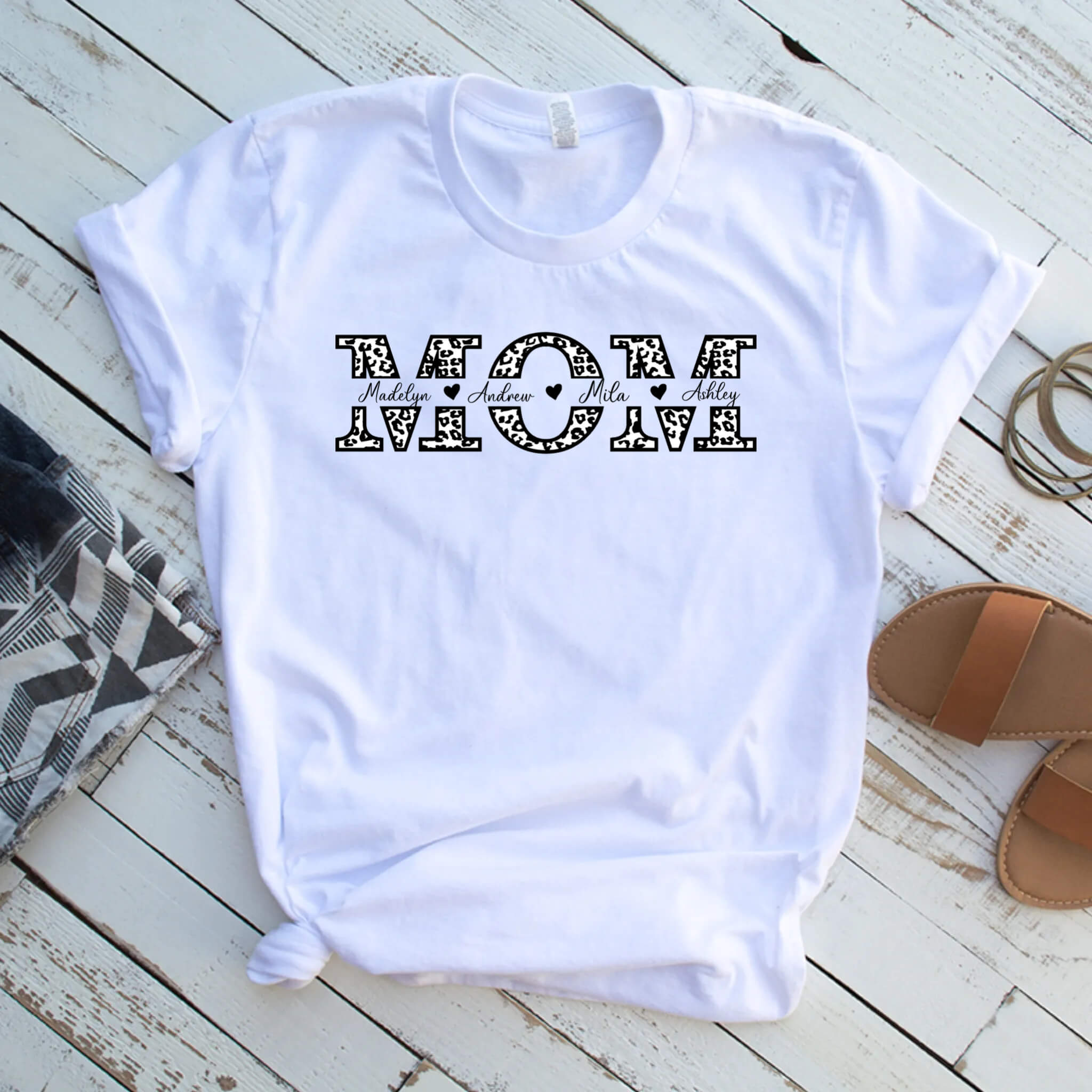 Leopard Mom Custom Personalized Kids Names Mothers Day T-Shirts