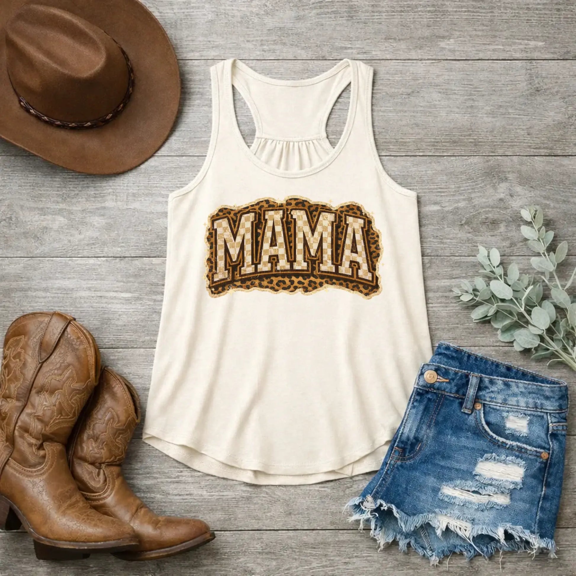 Mama Leopard, Rustic Mom, Mother's Day Gift, Women's Leopard Print Shirt, Trendy Checkered Sublimation, Retro Text Design - TrendyCustomApparel™