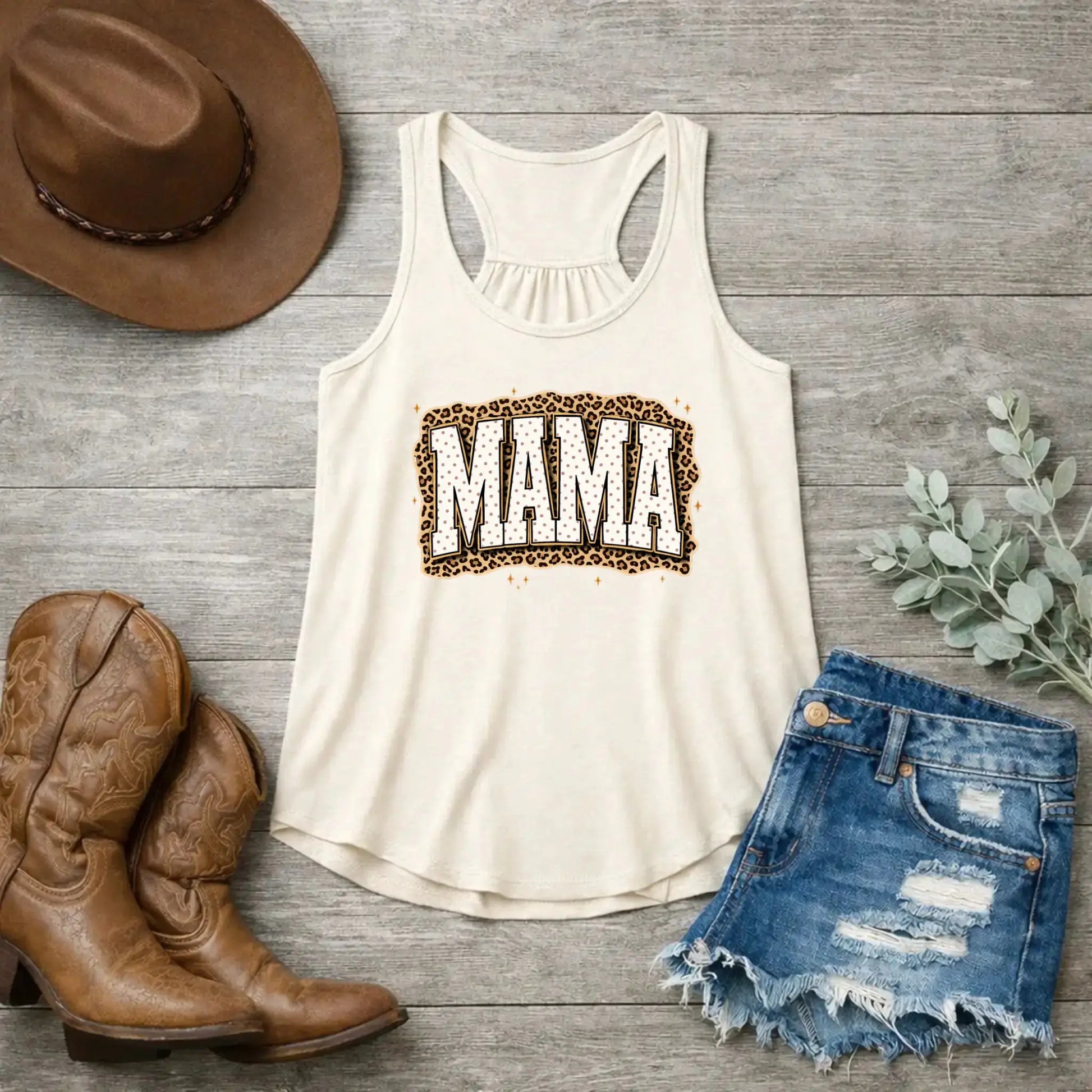 Mama Leopard, Rustic Mom, Retro Text Design, Mother's Day Gift, Women's Leopard Print Cream Tank Top, Trendy Sublimation - TrendyCustomApparel™