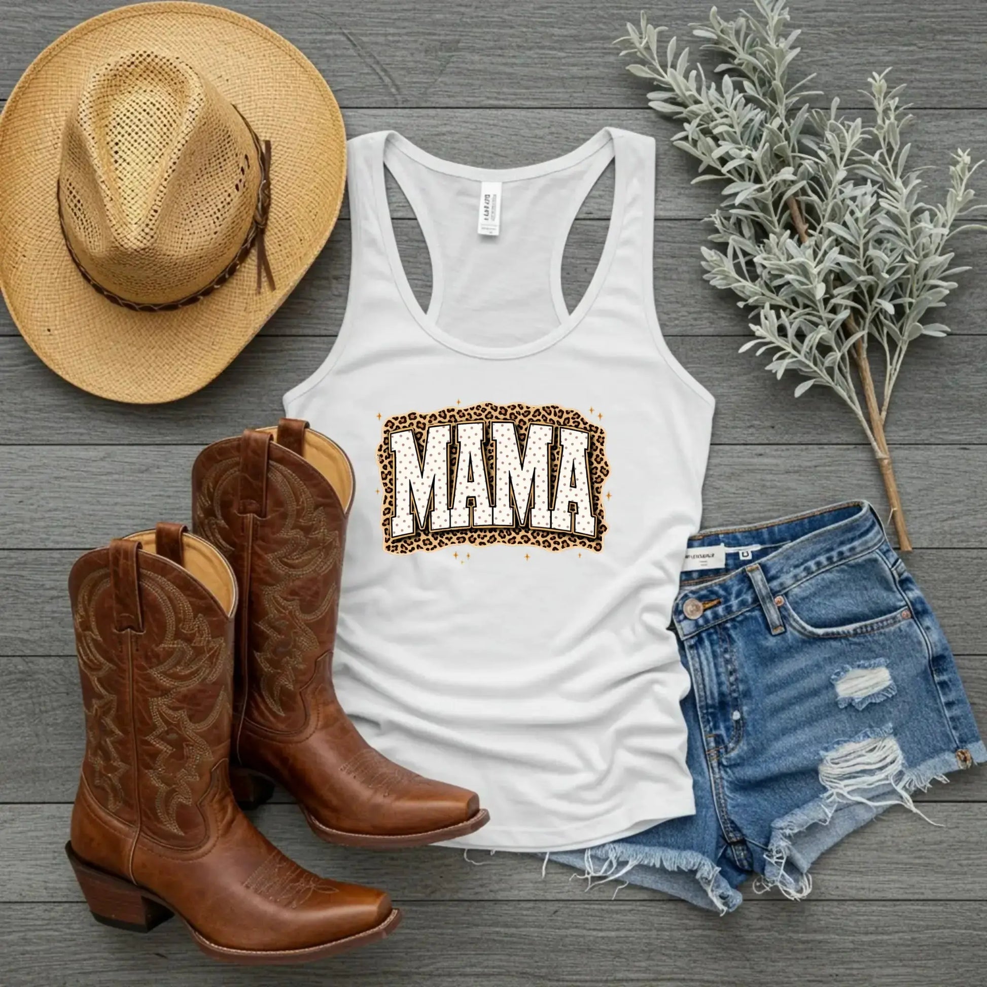 Mama Leopard, Rustic Mom, Retro Text Design, Mother's Day Gift, Women's Leopard Print White Tank Top, Trendy Sublimation - TrendyCustomApparel™