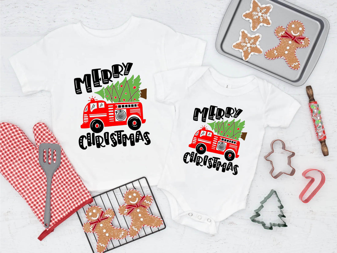 Christmas Merry Christmas Firetruck Camiseta con estampado gráfico para niño/niña