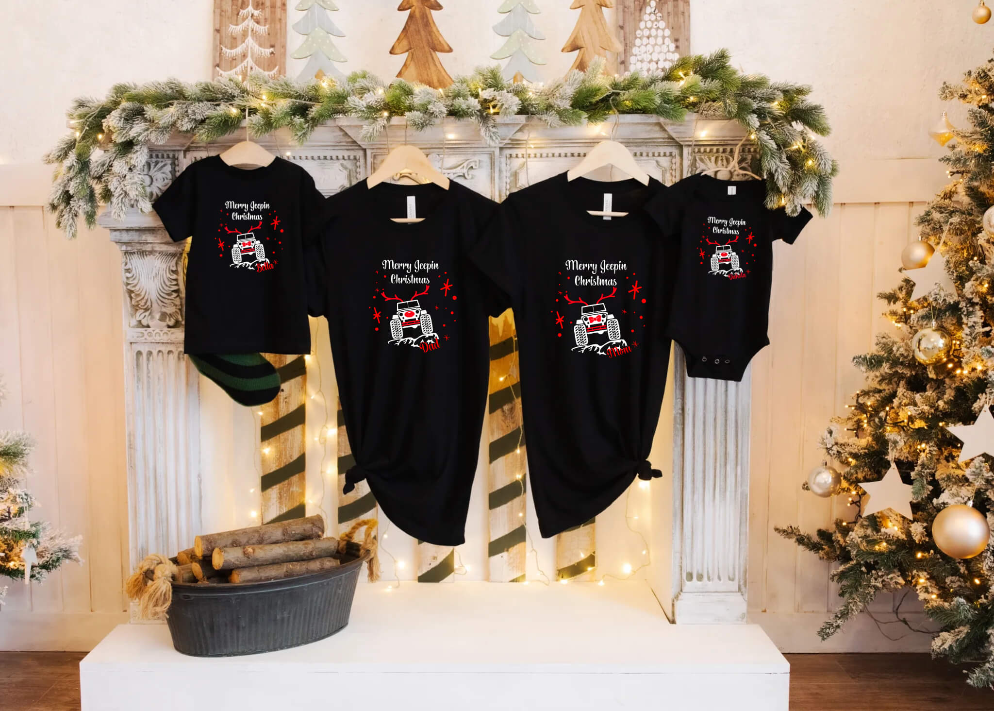 Christmas Family Off-Road Jeep Matching Customized Graphic Print T-Shirt