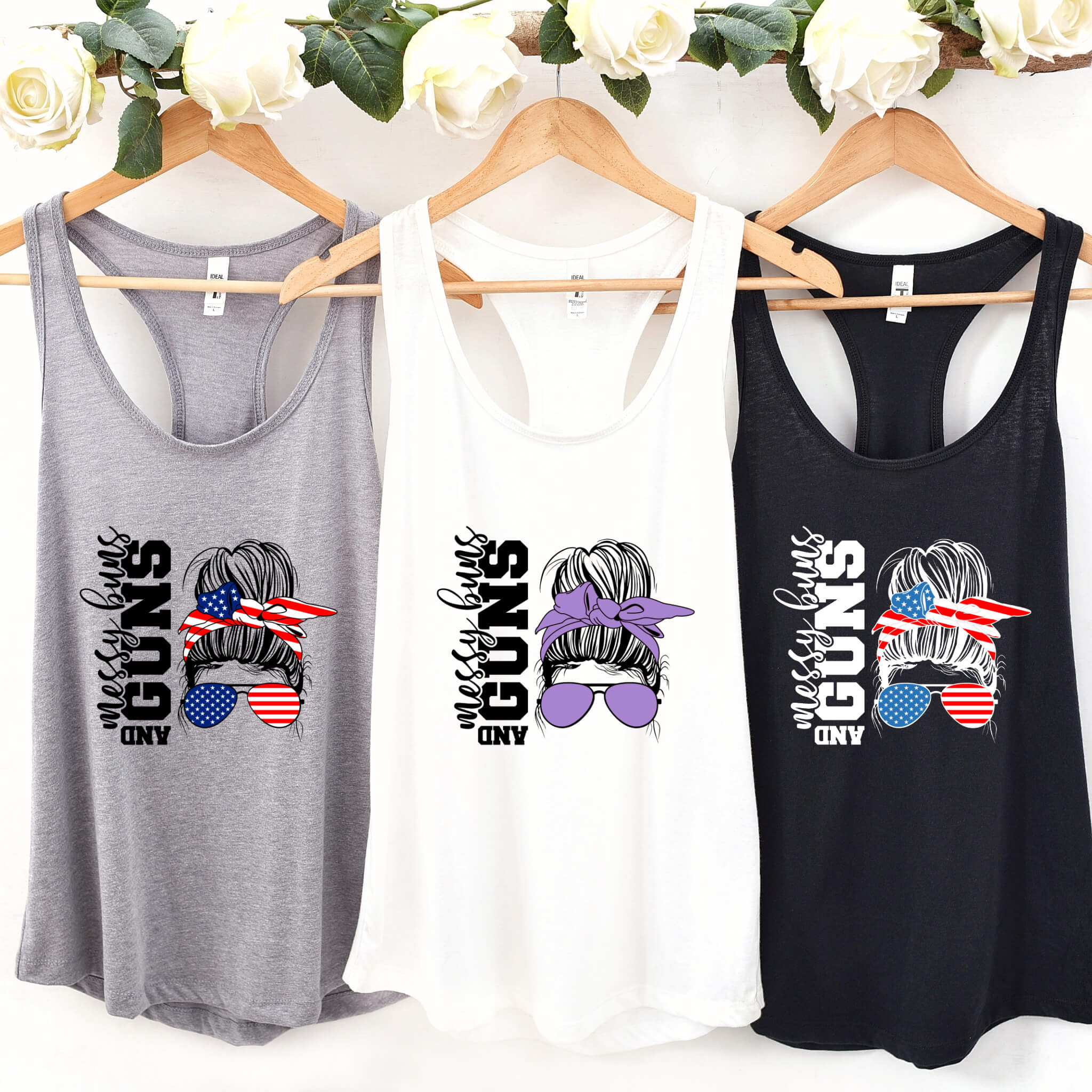 Messy Buns and Guns Women's Custom Graphic Print T-Shirt, Tank Top