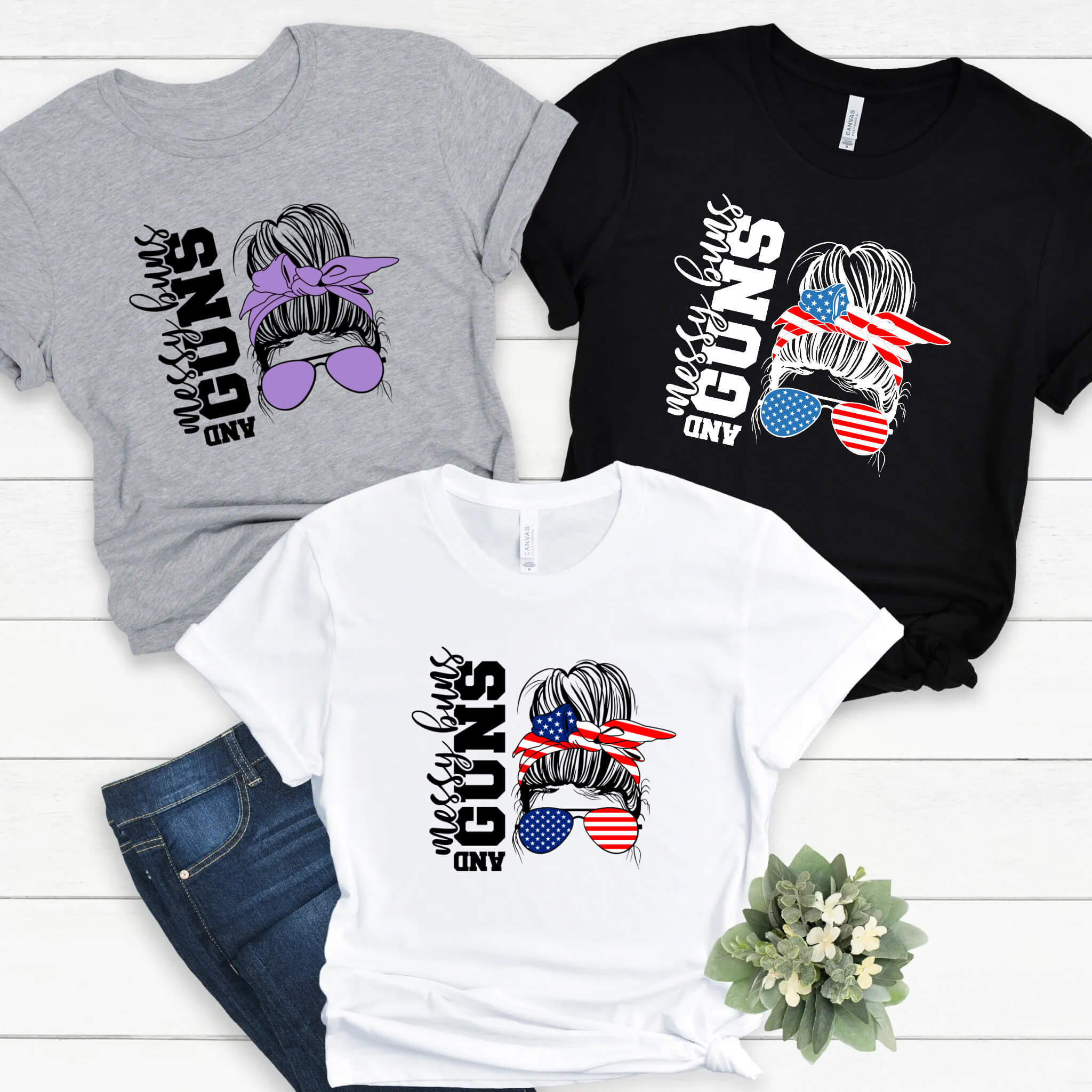 Messy Buns and Guns Women's Custom Graphic Print T-Shirt, Tank Top