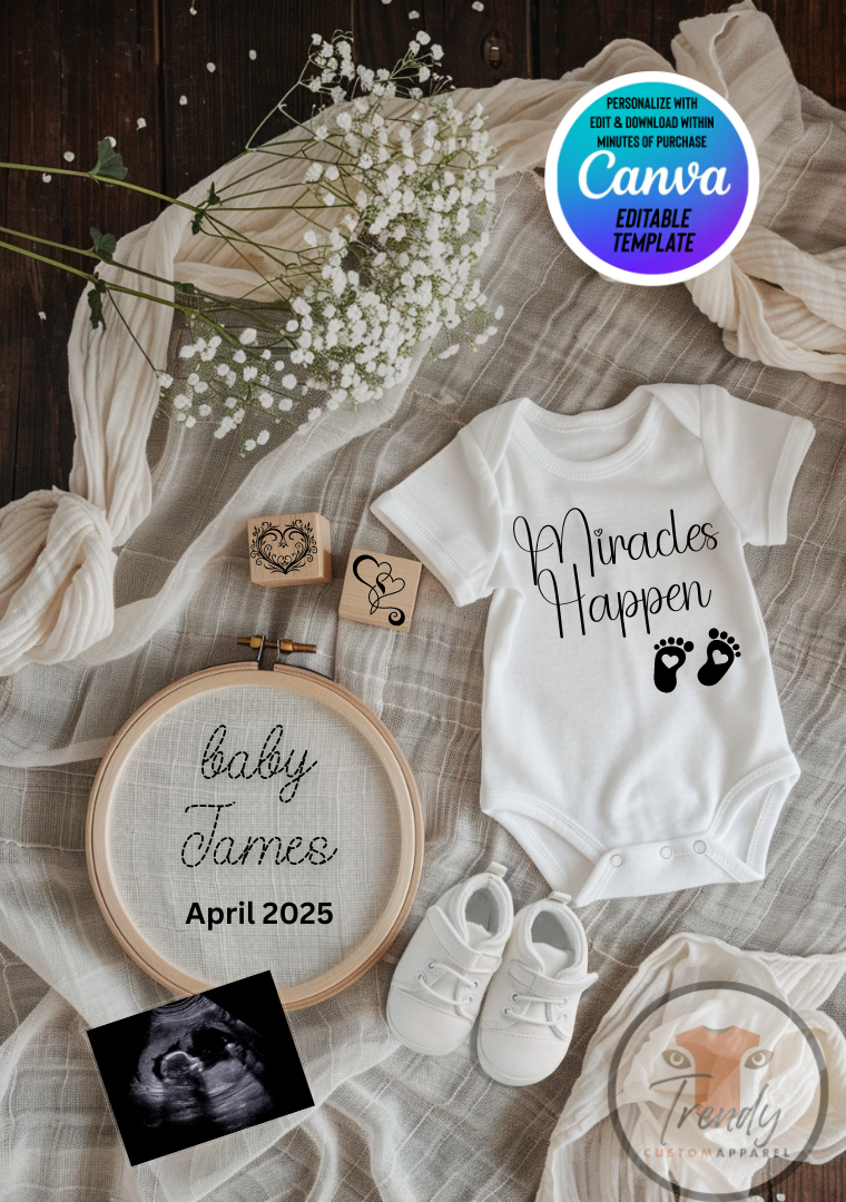 Digital Pregnancy Announcement, Miracles Happen, Gender Neutral, Customizable Hand Embroidered Themed, Personalized Editable Template