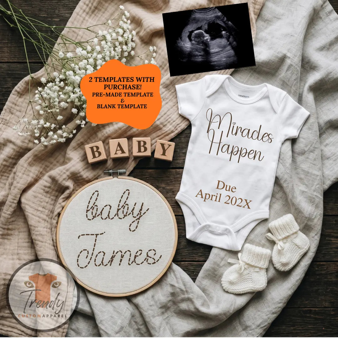 Miracles Happen Boho Baby Reveal Digital Editable Template, Hand Embroidered Themed Canva Instant Download TrendyCustomApparel™