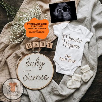 Miracles Happen Boho Baby Reveal Digital Editable Template, Hand Embroidered Themed Canva Instant Download TrendyCustomApparel™