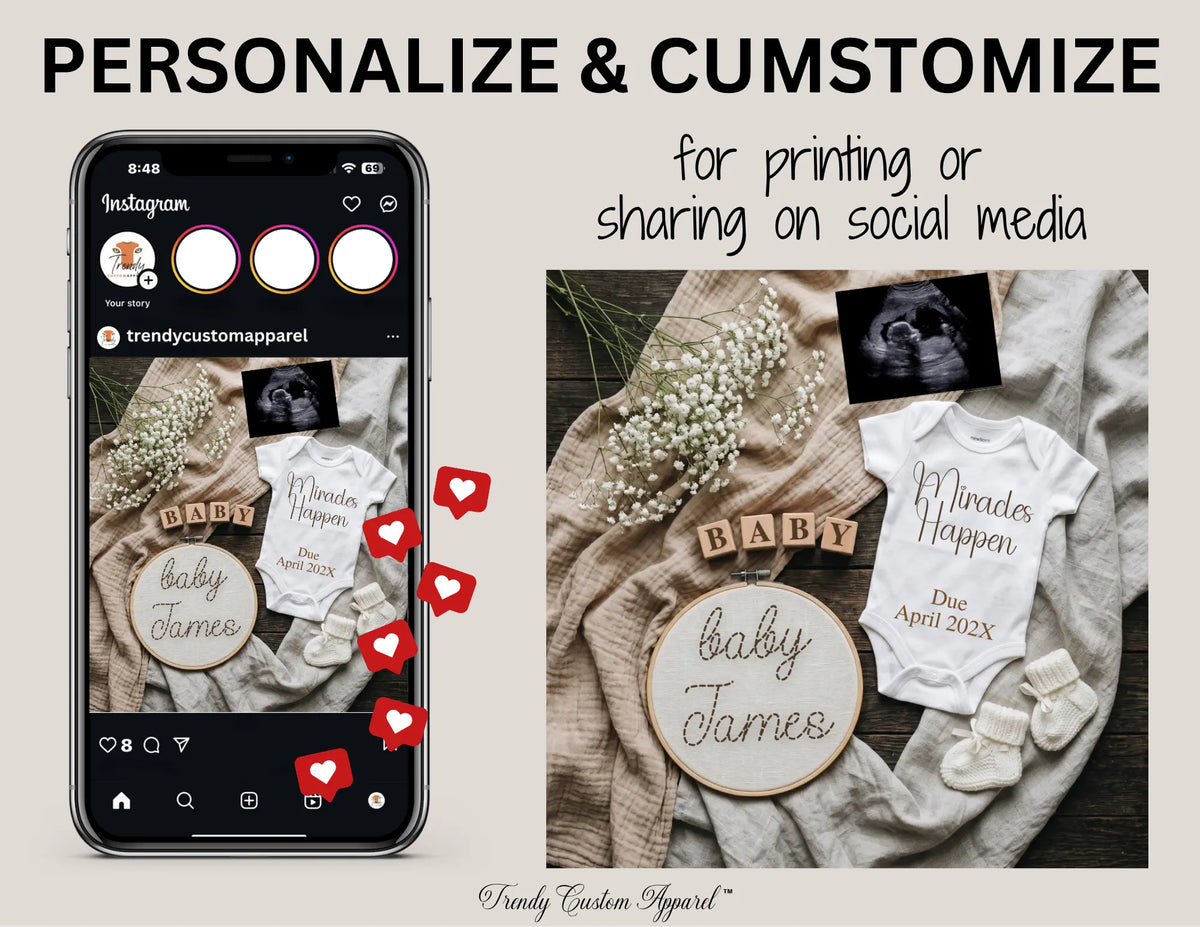 Miracles Happen Boho Baby Reveal Digital Editable Template, Hand Embroidered Themed Canva Instant Download TrendyCustomApparel™