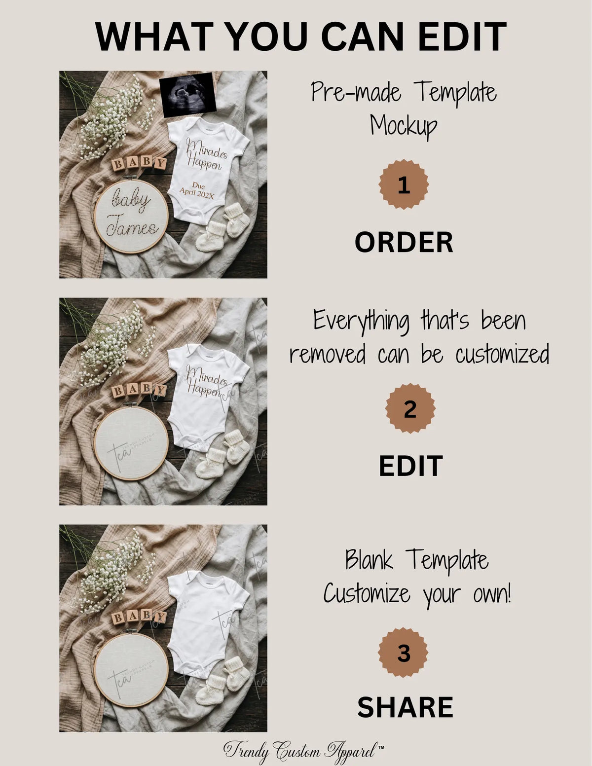 Miracles Happen Boho Baby Reveal Digital Editable Template, Hand Embroidered Themed Canva Instant Download TrendyCustomApparel™