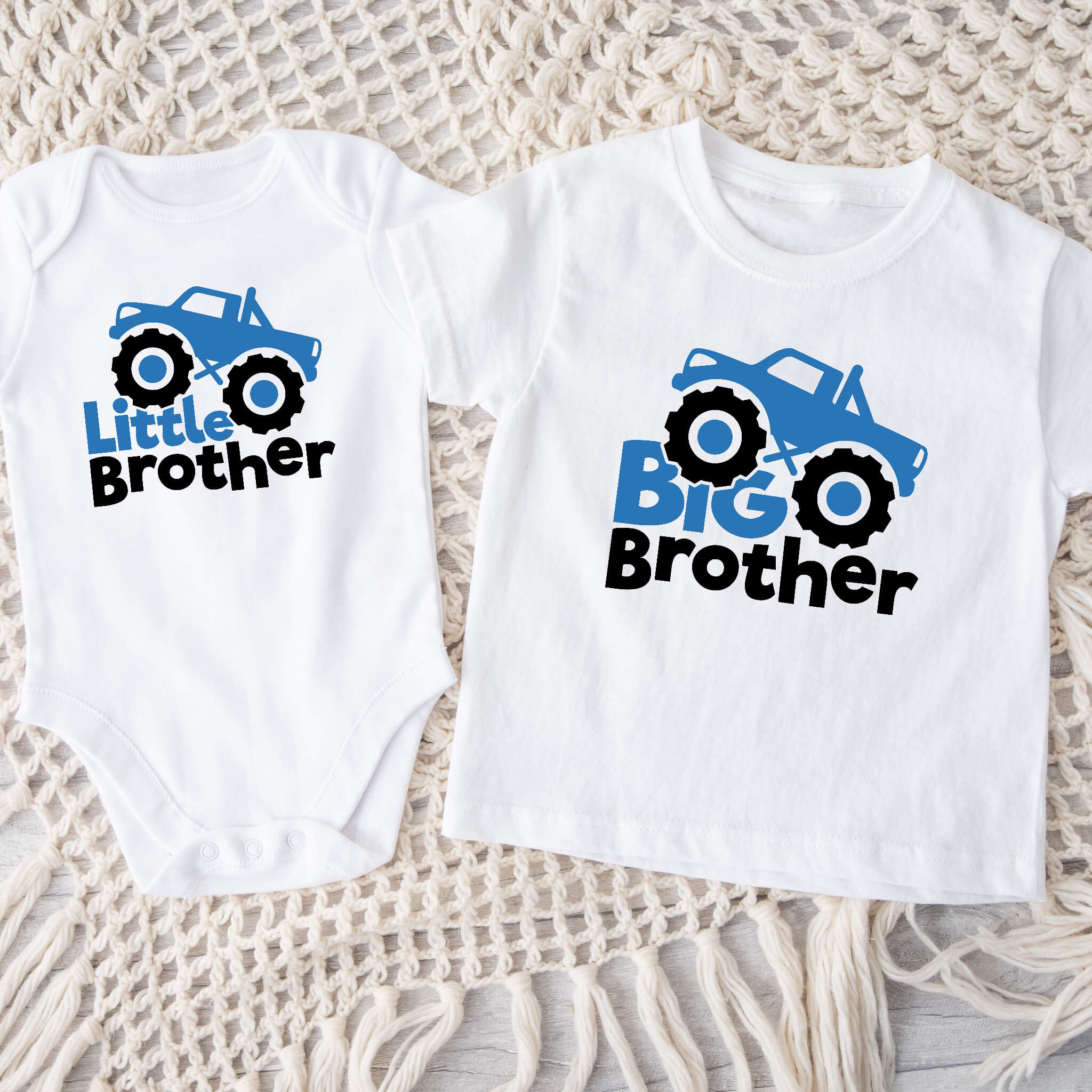 Matching Sibling Big Brother or Little Brother Monster Truck Boy’s Baby Onesie Graphic Print T-Shirt