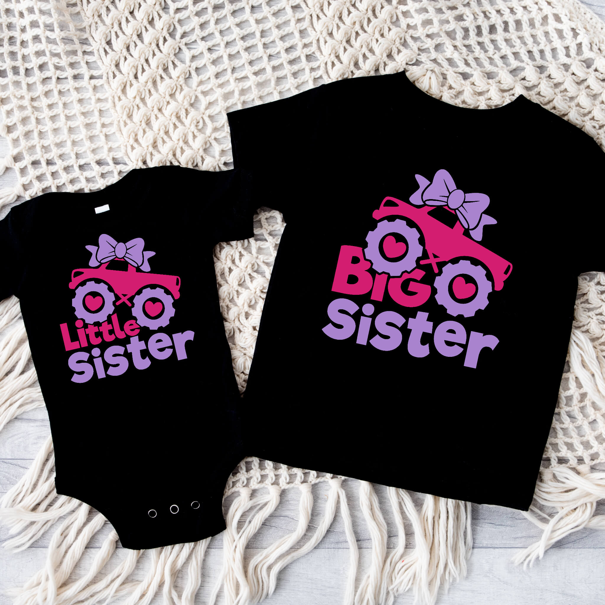 Matching Sibling Big Sister or Little Sister Monster Truck Girl’s Baby Onesie Graphic Print T-Shirt