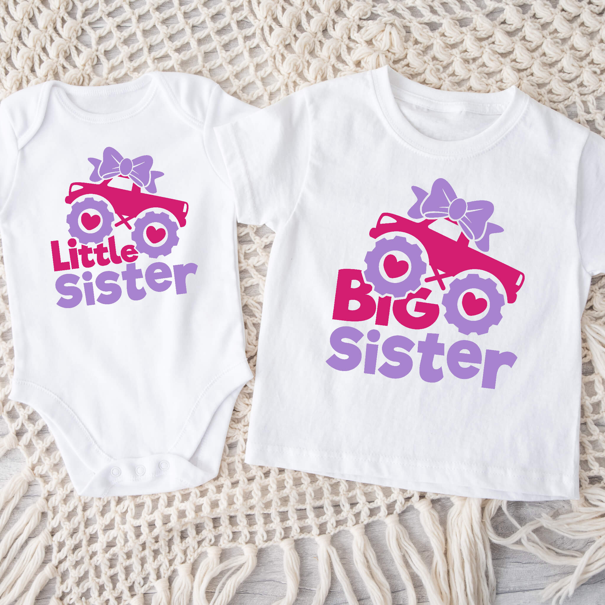 Matching Sibling Big Sister or Little Sister Monster Truck Girl’s Baby Onesie Graphic Print T-Shirt