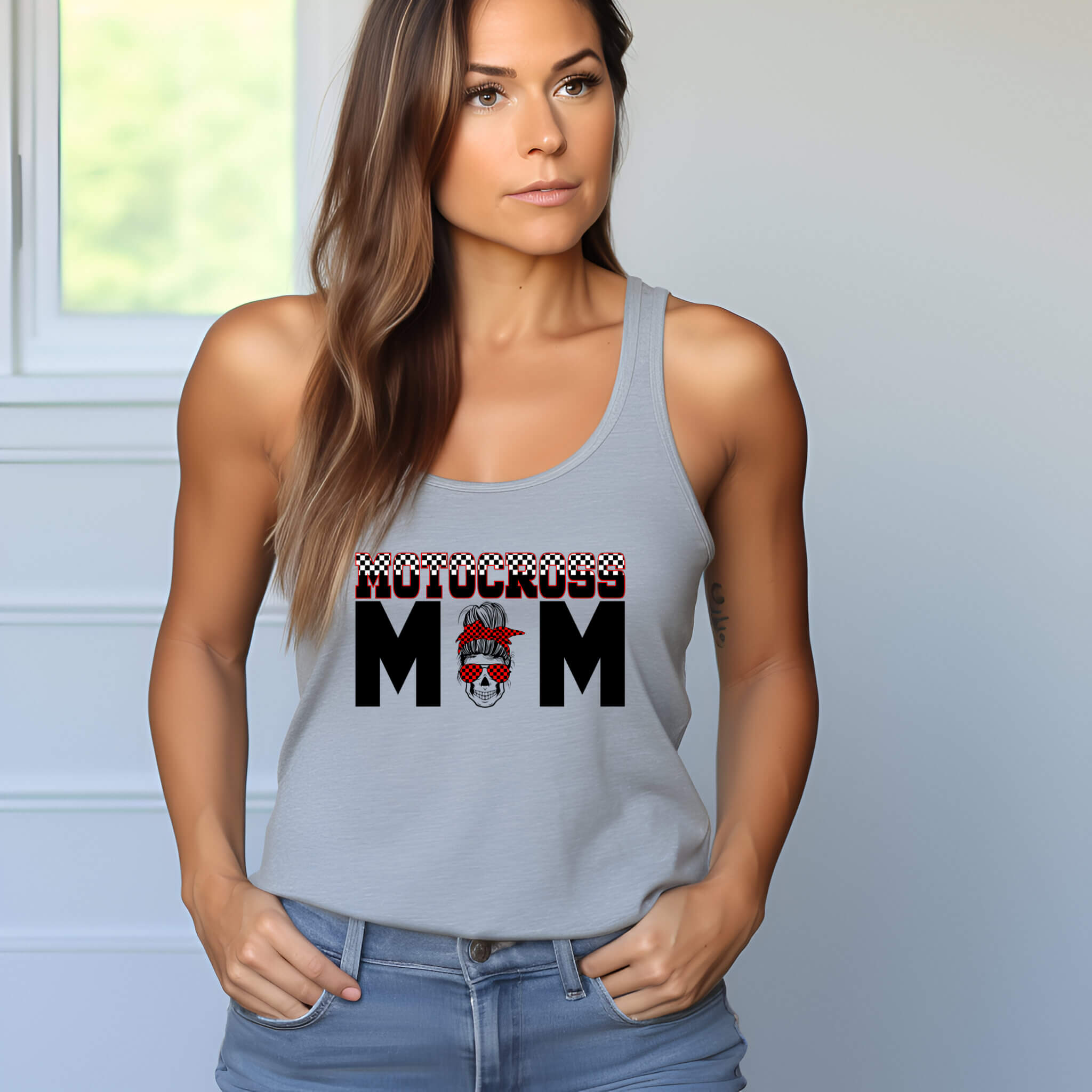 Racing - Motocross Mom Customizable Messy Bun Graphic Print Women’s Tank Top