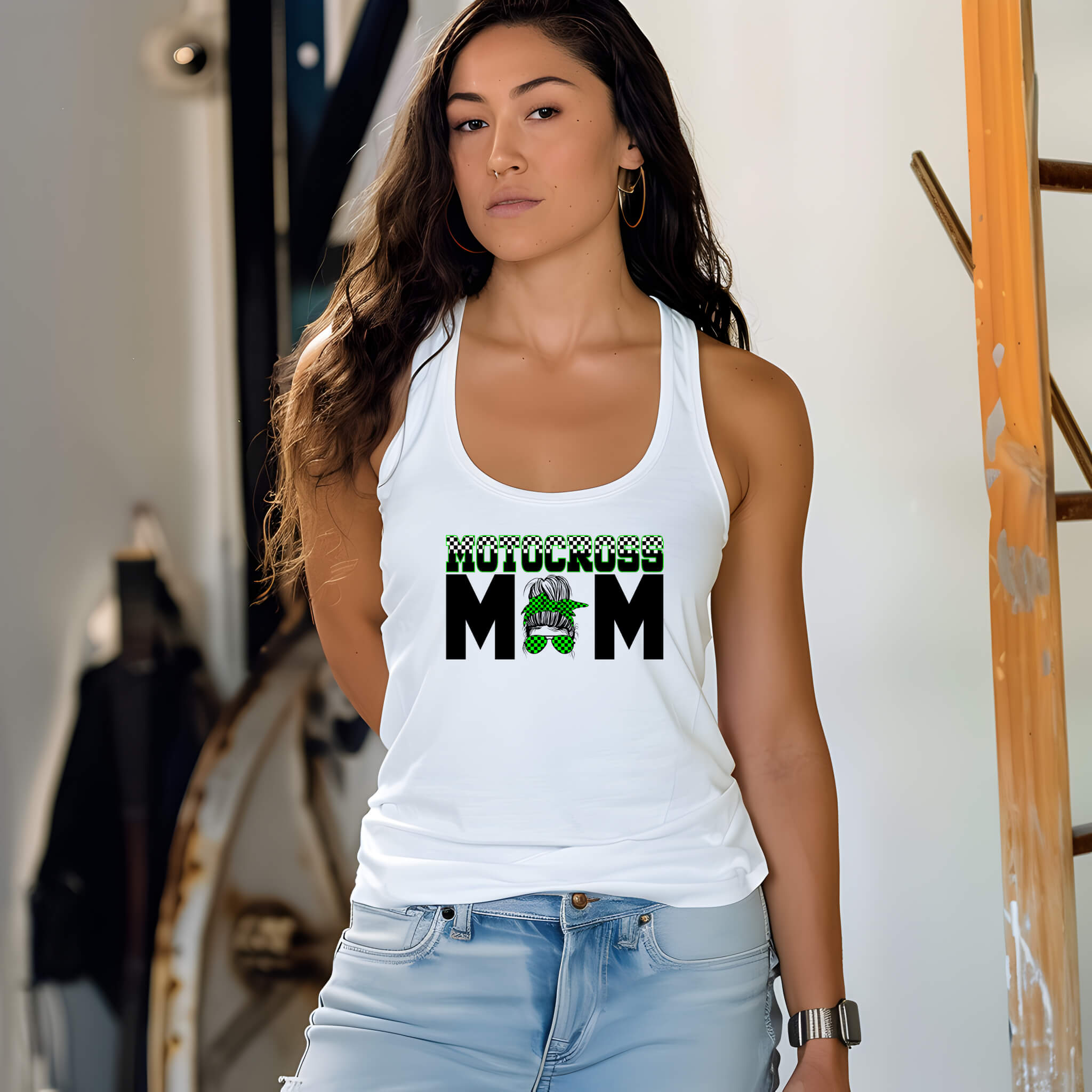 Racing - Motocross Mom Customizable Messy Bun Graphic Print Women’s Tank Top