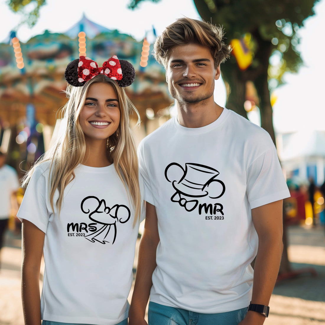 Wedding Engagement Honeymoon Mr. & Mrs. Personalized Date Mickey & Minnie Matching Bride & Groom Graphic Print Unisex T-Shirts