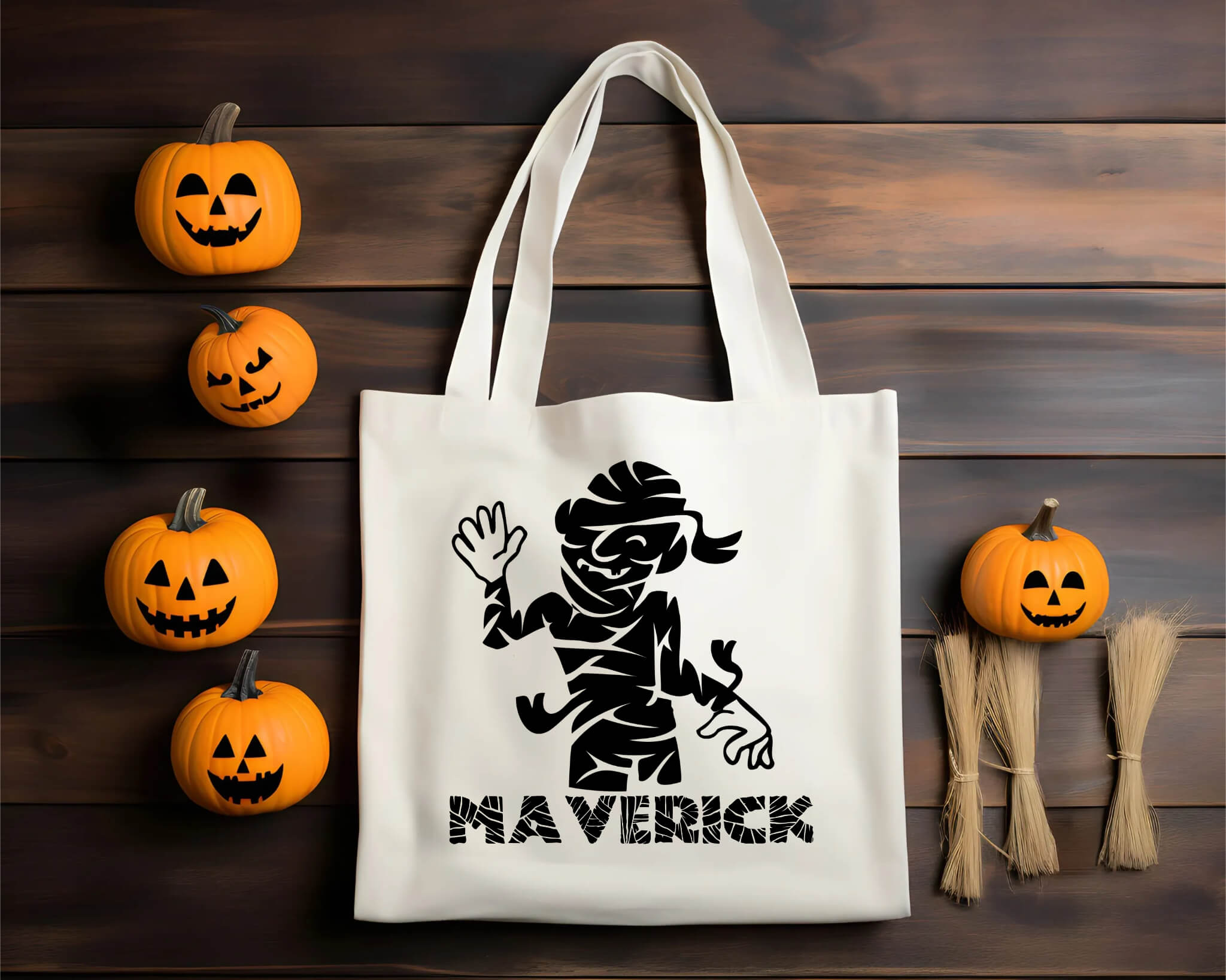 Halloween Mummy Personalized Name Trick or Treat Candy Large Tote Bag