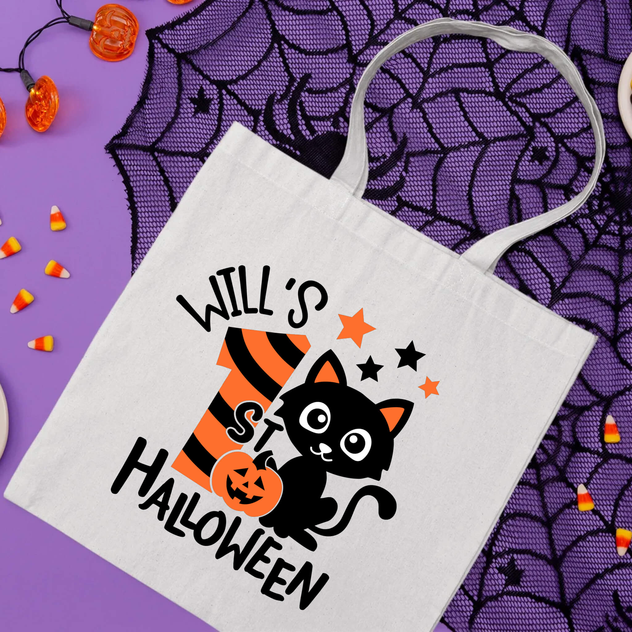 Bolsa De Tela Grande Caramelo de truco o trato de gato de Mi primer gato de Halloween personalizado para niño