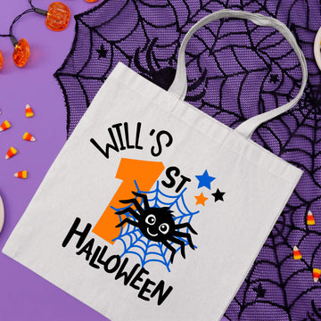 Bolsa de mano grande con caramelo personalizado Mi primer truco o trato de araña de Halloween para niños